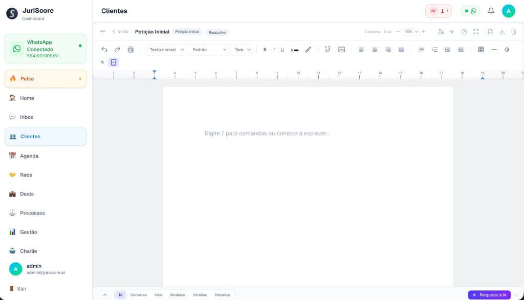 JuriScore — Workspace — Editor de Peças